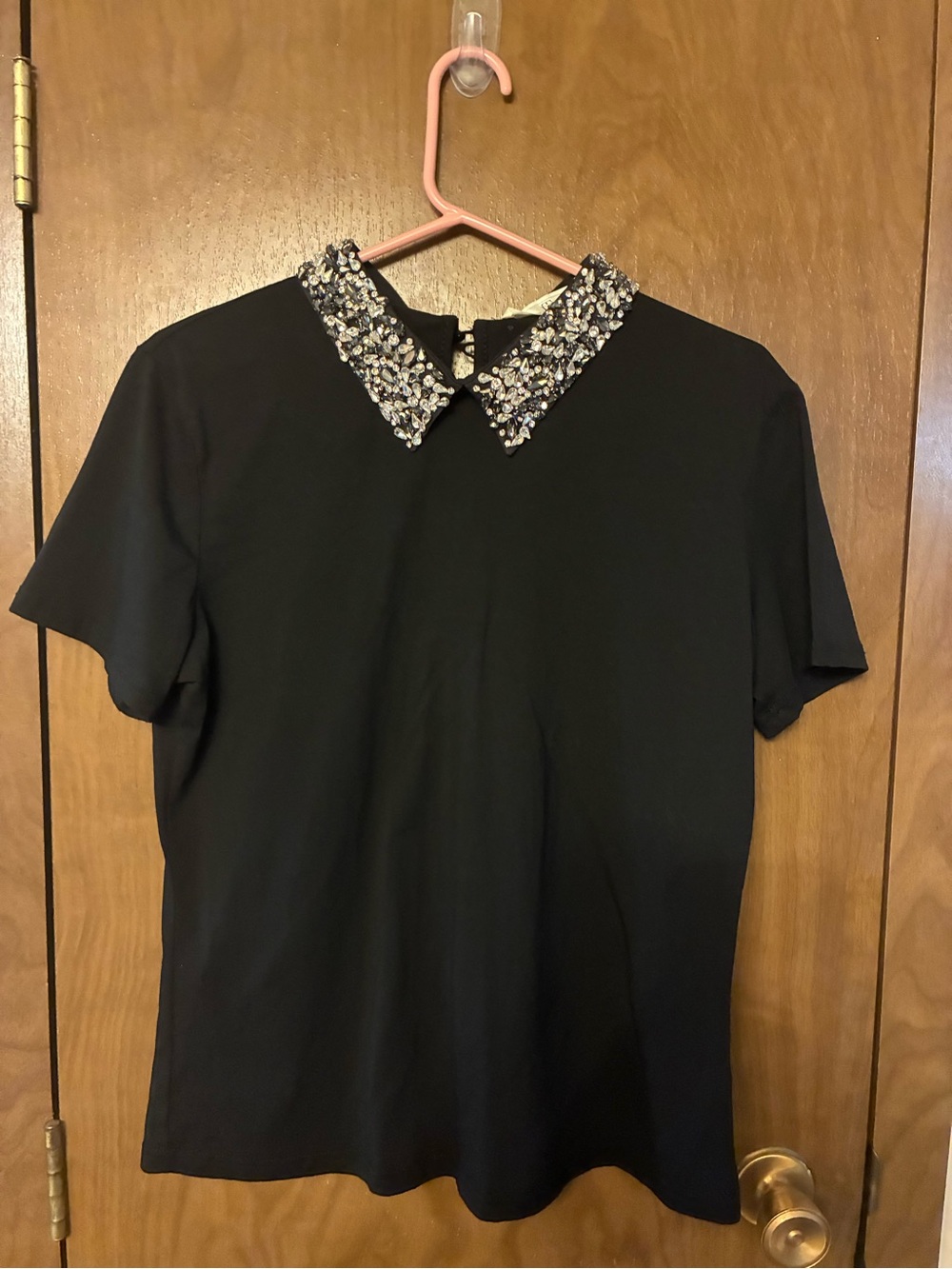 Black Short-Sleeve Top with Embellished Peter Pan Collar